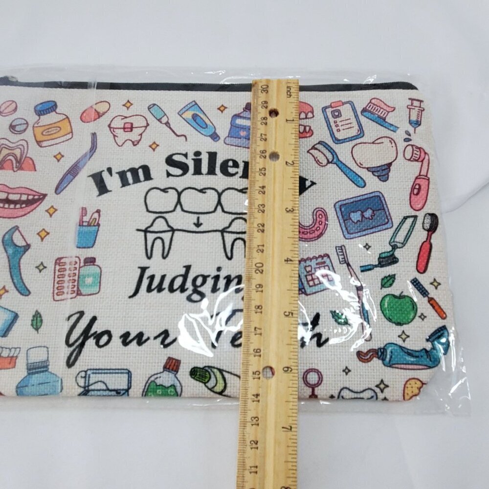 Dental-Themed Cosmetic Bag Canvas Zipper Pouch "Im Silently Judging Your Teeth" - Picture 4 of 5